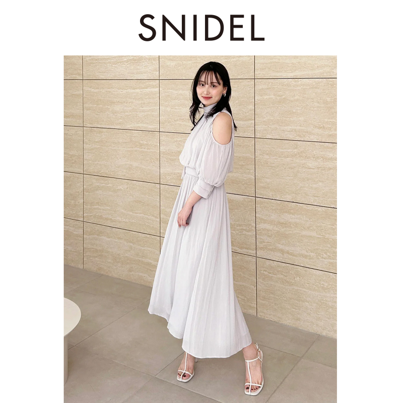 SNIDEL2025春夏优雅泡泡袖露肩收腰纯色雪纺连衣裙SWFO252193