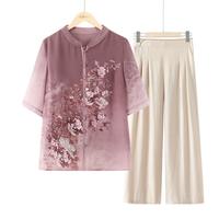 【套装】奶奶雪纺衬衫女中老年人夏装小个子老人洋气立领透气