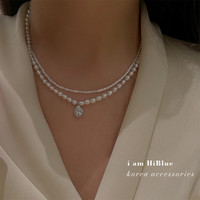 花饰庄园淡水珍珠项链设计感波光粼粼锁骨链简约双层可拆卸锁骨链母亲节 方块吊坠两条装(有生长螺纹)