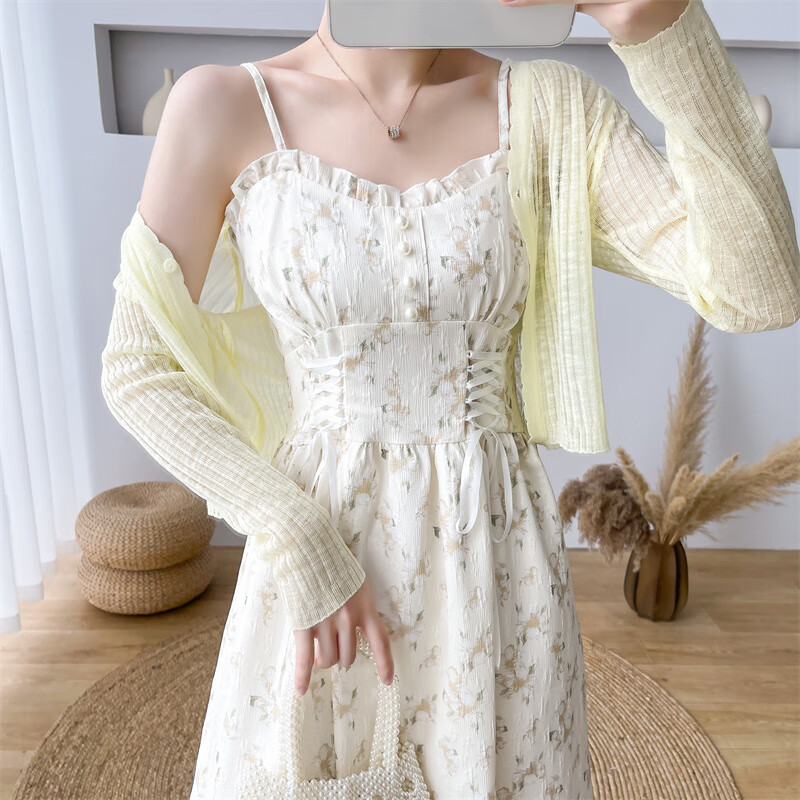 妃莉杋（FeiLiFan）夏季吊带连衣裙女装2025新款气质收腰显瘦甜美开衫碎花裙子女套装   【建议80-98斤】