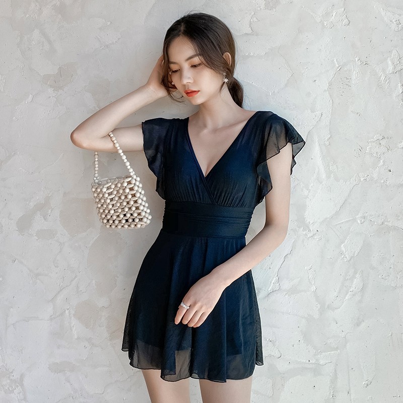 耐浪泳衣女保守连体裙式性感深V高腰遮肚平角底裤聚拢泡温泉泳池装