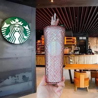 星巴克高颜值2024新款周年庆幻彩渐变立体鱼鳞大容量塑料吸管冷水杯子 粉色人鱼姬格纹塑料吸管杯710ml