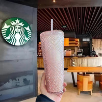 星巴克高颜值2024周年庆幻彩渐变立体鱼鳞大容量塑料吸管冷水杯子 粉色格纹款塑料吸管杯710ml 粉色格纹款塑料吸管杯 710ml