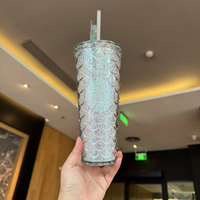 星巴克高颜值2024周年庆幻彩渐变立体鱼鳞大容量塑料吸管冷水杯子 蓝色人鱼姬鱼鳞塑料吸管杯710ml