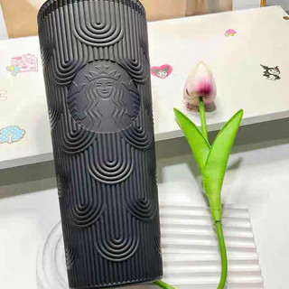 星巴克高颜值2024周年庆幻彩渐变立体鱼鳞大容量塑料吸管冷水杯子 黑色贝母款塑料吸管杯710ml