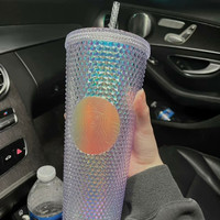 星巴克高颜值2024周年庆幻彩渐变立体鱼鳞大容量塑料吸管冷水杯子 炫彩款塑料吸管杯710ml