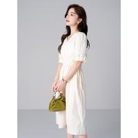 连衣裙女夏季文艺风纯色系带短袖女式连衣长裙