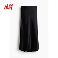 H&M女装半身裙简约时尚潮流舒适轻柔垂坠缎质松紧带微喇长裙1184662 黑色 XXS 155/60