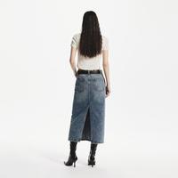中腰直筒做旧破洞牛仔半身裙女装