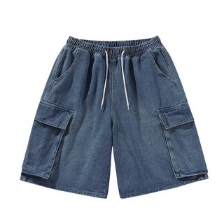 乐卡利牛仔短裤男士夏季潮牌深色复古直筒牛仔裤美式宽松肥大休闲五分裤