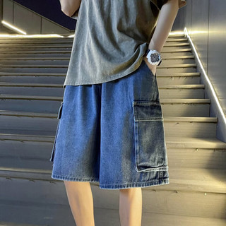 乐卡利牛仔短裤男士夏季潮牌深色复古直筒牛仔裤美式宽松肥大休闲五分裤