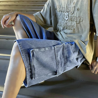 乐卡利牛仔短裤男士夏季潮牌深色复古直筒牛仔裤美式宽松肥大休闲五分裤