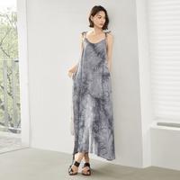 夏装国风晕染肌理感印花腰间系带女式吊带中长连衣裙