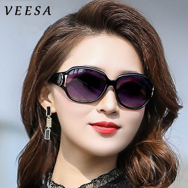 VEESA 偏光太阳镜女士新款防紫外线眼镜大脸圆脸墨镜开车遮阳时尚妈妈潮 黑色