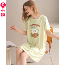 芬腾 睡裙 女士夏季薄款短袖睡衣中裙女款宽松休闲卡通可爱家居服