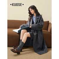 阔色(kuose)灰色长款羊毛呢子大衣女秋冬季气质双排扣毛呢外套黑 杏色 L