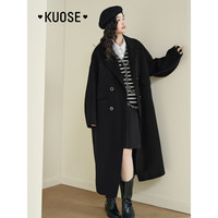 阔色(kuose)灰色长款羊毛呢子大衣女秋冬季气质双排扣毛呢外套黑 黑灰色 L