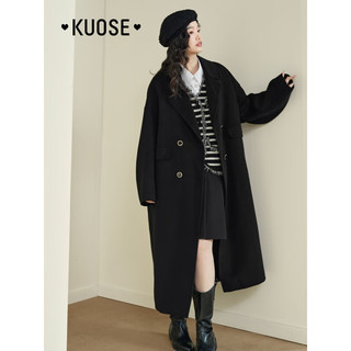 阔色（kuose）灰色长款羊毛呢子大衣女秋冬季气质双排扣毛呢外套黑 杏色 M