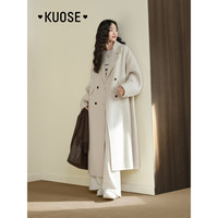 阔色(kuose)灰色长款羊毛呢子大衣女秋冬季气质双排扣毛呢外套黑 黑色 L