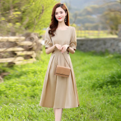 奥豚 缎面连衣裙女装气质2025夏装收腰显瘦中长裙AT22002 卡其色 XXL