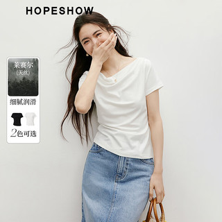 红袖小众别致上衣2025夏季女装不对称抽褶正肩一字荡领天丝短袖t 黑050（XL码6.11） S