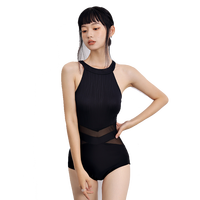 Aimuhu黑色三角连体泳衣女性感显瘦遮肚ins保守小胸泡温泉游泳衣 M 黑色网纱连体