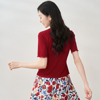 欧莎（OSA）【迷人风情】设计感上衣黑色正肩短袖t恤女夏季2025年 深红色 XS