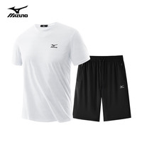 美津浓 Mizuno户外套装男夏季冰丝速干透气凉爽圆领T恤上衣短裤休闲组合装 黑色+黑色 3XL