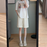 白色运动短裤女夏季薄款2025新款中裤休闲宽松高腰直筒阔腿五分裤