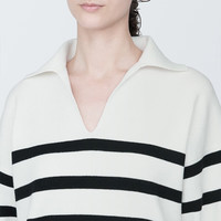 無印良品 MUJI(無印良品 )女式 水洗米兰诺罗纹针织 开领POLO衫毛衣长袖针织衫 白色条纹 XS(150/76A)