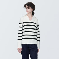 無印良品 MUJI（無印良品 ）女式 水洗米兰诺罗纹针织 开领POLO衫毛衣长袖针织衫 白色条纹 XXL(170/96A)