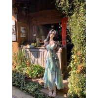 艾珠儿（Aizhuer）林间浮夏吊带气质连衣裙女2025年夏季新款印花显瘦收腰长裙子女 《林间浮夏》吊带连衣裙