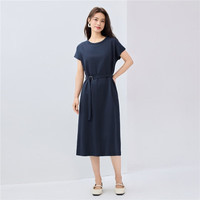 佐丹奴抗皱保型连衣裙女简约风配腰带圆领连肩短袖t恤裙05465495 12灰色 M