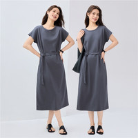 佐丹奴抗皱保型连衣裙女简约风配腰带圆领连肩短袖t恤裙05465495 54子夜蓝 L