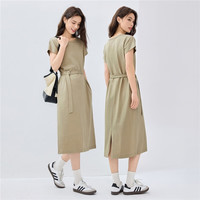 佐丹奴抗皱保型连衣裙女简约风配腰带圆领连肩短袖t恤裙05465495 19卡其 M