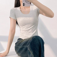 俞兆林潮流短袖t恤女2025年夏季正肩显瘦遮肚子高级感辣妹甜美黑白 白色【圆领-正肩版】 L 【110-125斤】