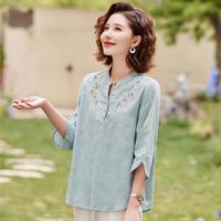 【100%新疆棉】中老年女夏季装短袖高级国风绣花纯棉衬衫