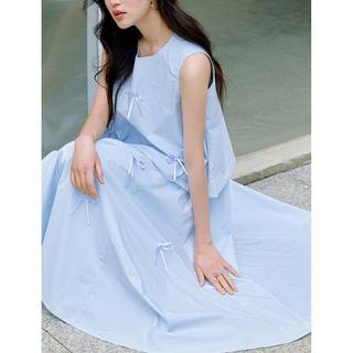 温柔蝴蝶结纯棉背心衬衣套装2025夏季女装a字宽松半身裙