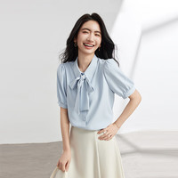 伯德小姐蓝色蝴蝶结衬衫女夏季设计感系带短袖上衣气质通勤职业白领衬衣 雾霾蓝短袖【雪纺】可拆卸飘带 L -适合110-120斤可穿