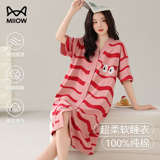 猫人睡衣女100%纯棉睡裙女士夏季短袖开衫连衣裙少女流行家居服 【100%纯棉】款式一 L 【100-120斤】