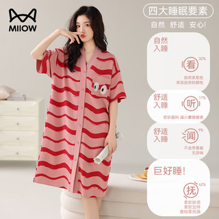 猫人睡衣女100%纯棉睡裙女士夏季短袖开衫连衣裙少女流行家居服 【100%纯棉】款式一 L 【100-120斤】