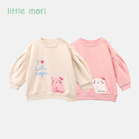little mori小森林女童卫衣秋装泡泡袖圆领上衣卡通猫 米白色 100 cm/3岁