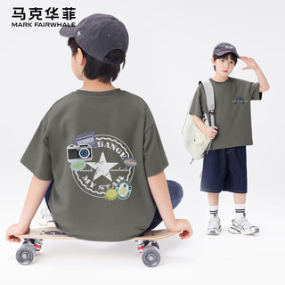 马克华菲男童短袖T恤夏装2025衣服男孩半袖纯棉儿童上衣夏季 m线条K-m明星_背岩石灰 120
