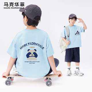 马克华菲男童短袖T恤夏装2025衣服男孩半袖纯棉儿童上衣夏季 m萌眼K-m捂眼熊_背晴空蓝 160