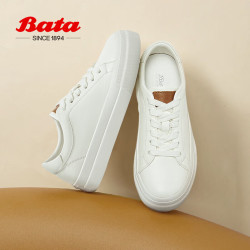 Bata 牛皮小白鞋女鞋春秋季新款通勤厚底运动板鞋平底休闲鞋
