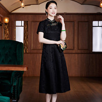 玺玥30姆米真丝桑蚕丝连衣裙中国风古典禅意改良显瘦中式旗袍裙子 黑色 S