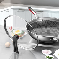 康巴赫乐厨炒锅34cm带附耳316L不锈钢蜂窝平底不粘锅家用少油烟炒锅