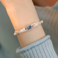 花饰庄园 双层叠戴珍珠手链女小众手串轻奢精致几何方形串珠手饰气质 海宝蓝珍珠手链