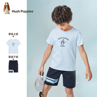 暇步士(Hush Puppies)童装儿童男女童夏季时尚休闲经典款儿童短袖套装 冰晶蓝C 105