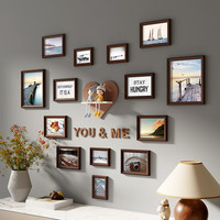 一面墙 创意相框挂墙组合实木爱心客厅装饰画框照片墙婚纱照现代相片框 14框巧克力色+海天一色+不含玩偶